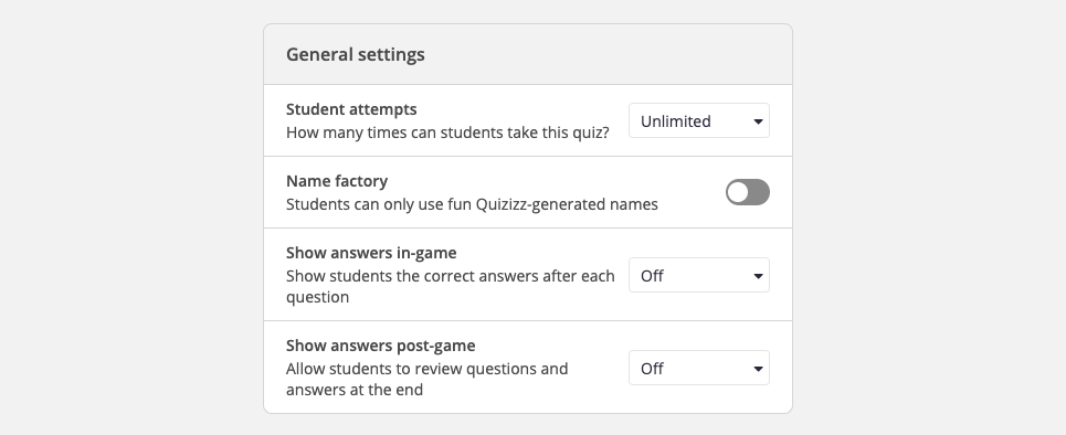 Game Settings - Quizizz for Work